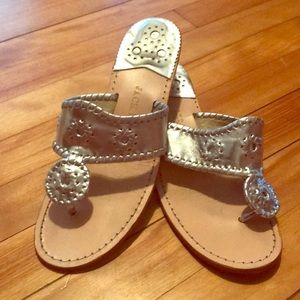 Silver Jack Rogers sandals, size 8, slight heel.